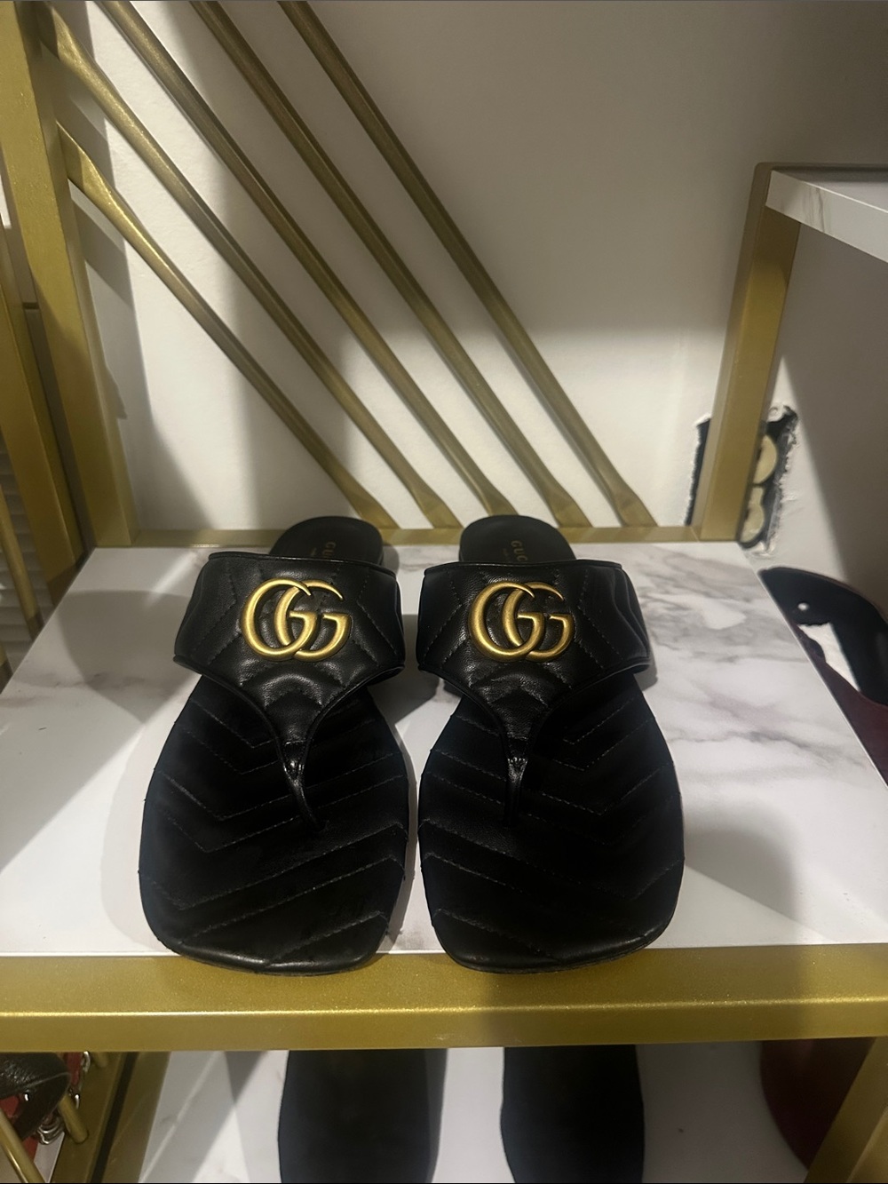 Gucci Black Quilted Leather GG Logo Thong Sandals with Gold Hardware